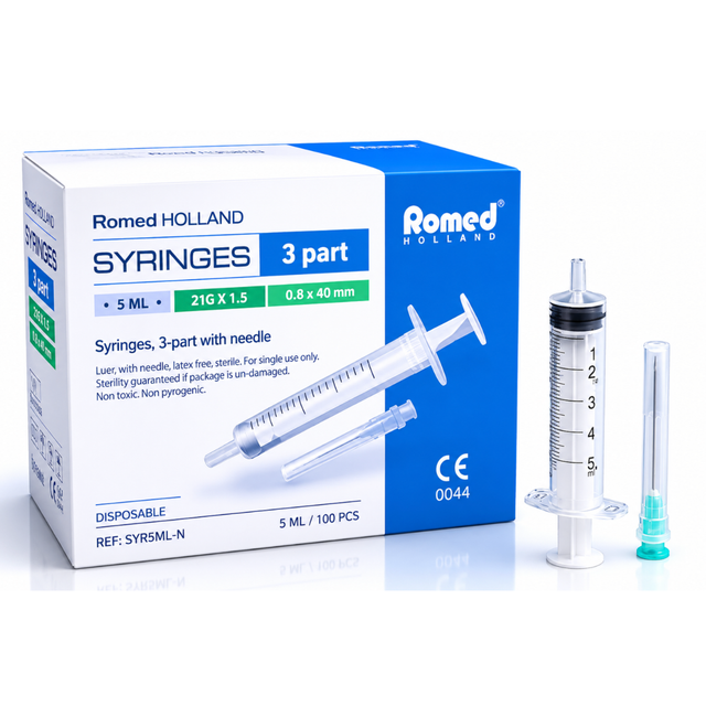Spruta 5 ml + Grön kanyl 21G – 3-komponent – Romed