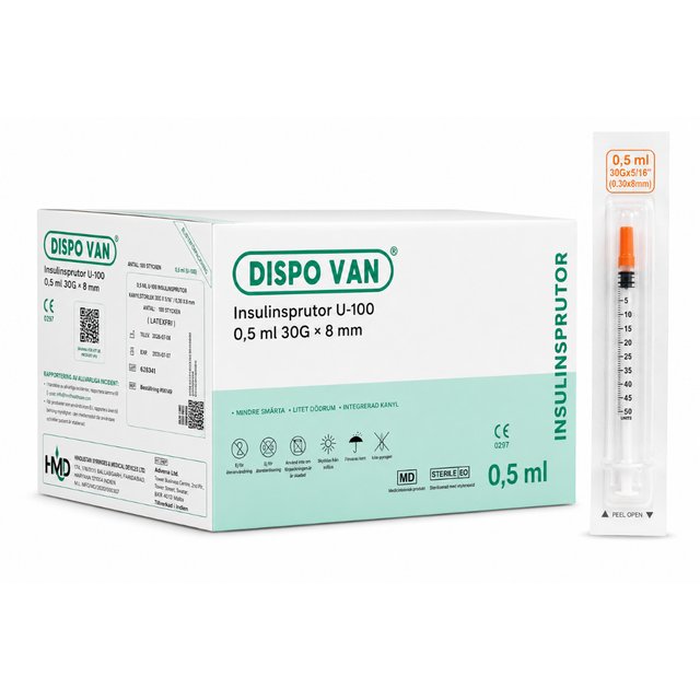 Insulinsprutor U-100 0,5 ml 30G × 8 mm – DISPO VAN